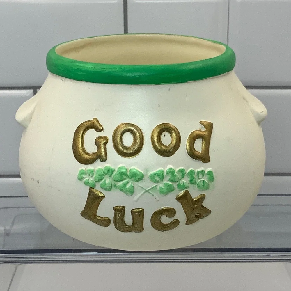 Vintage Good Luck Shamrock Cauldron Ceramic Planter White Green Gold 3.5in